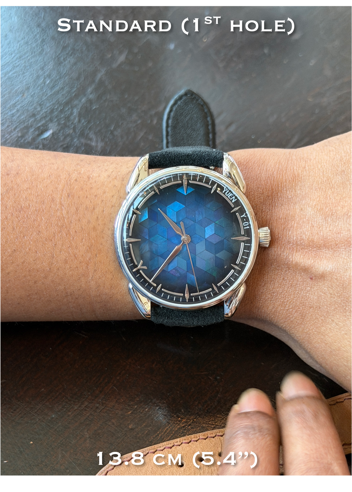 13.8cm wrist wearing our Azure (Blue) watch